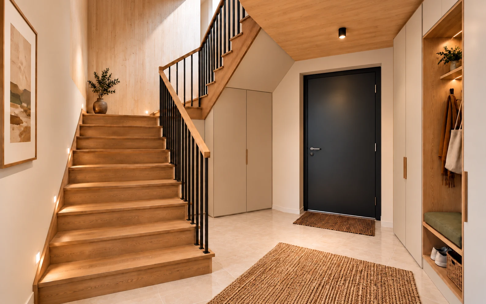 Natural timber in the entrance and stair